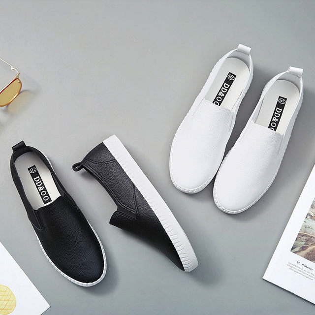 2024 Spring Driving Shoes Women's Leather Canvas Shoes Women's Slip-on Shoes White Shoes Korean Style Student Casual Lazy Shoes