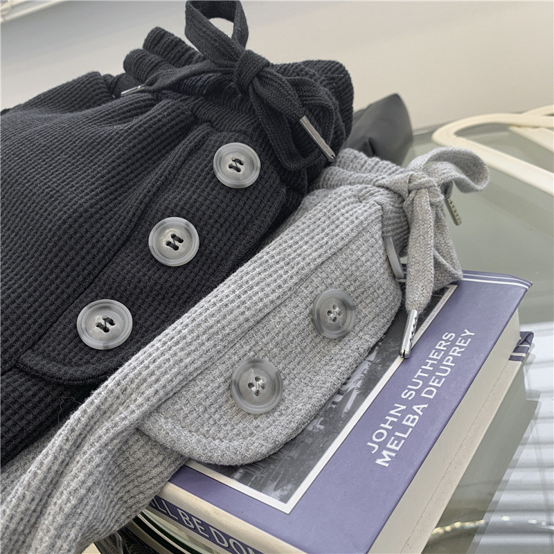 Breastfeeding Spring and Autumn Postpartum Waffle Harlem Drawstring Button Sports Dark Gray Casual Pants