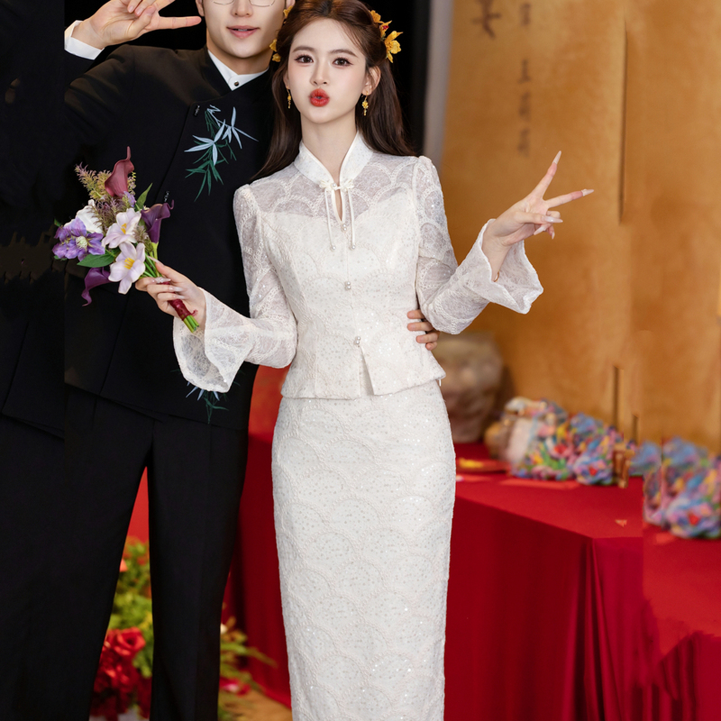 Champagne-Colored Engagement Cheongsam 2025 New Style New Chinese-Style Toast Dress Bride Wedding Dress Can Be Worn Daily Long-Sleeved Women's