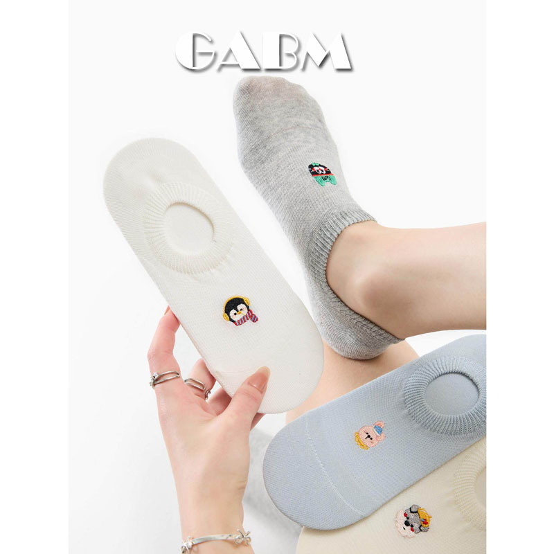 Gabm Summer Non-Slip No-Show Socks for Women, Cartoon Embroidery Thin Cotton Socks, Low-Cut Seamless Invisible Socks