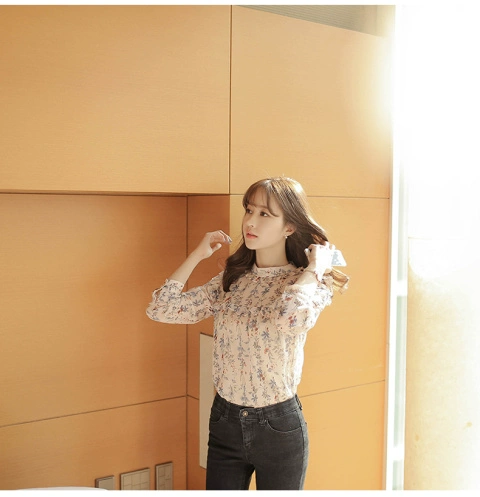 2018 mùa xuân mới áo sơ mi voan hoa nữ 3/4 tay áo Phiên bản Hàn Quốc áo sơ mi nữ tay áo in hoa - Áo sơ mi chiffon ren