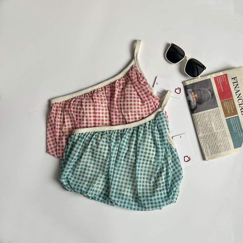 Fitness Aerobic All-In-One Cup American-Style Small Checkered One-Shoulder Sports Bra for Women, Lolita-Style Yoga Wear