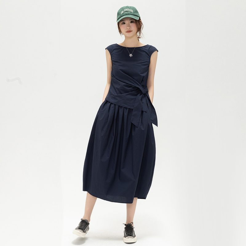 Duan Can Navy Blue Dress for Women, A-Line Long Dress, Sleeveless, Waist-Cinching, Tie-Up, Summer Mid-Length, Slimming, High-End Feel
