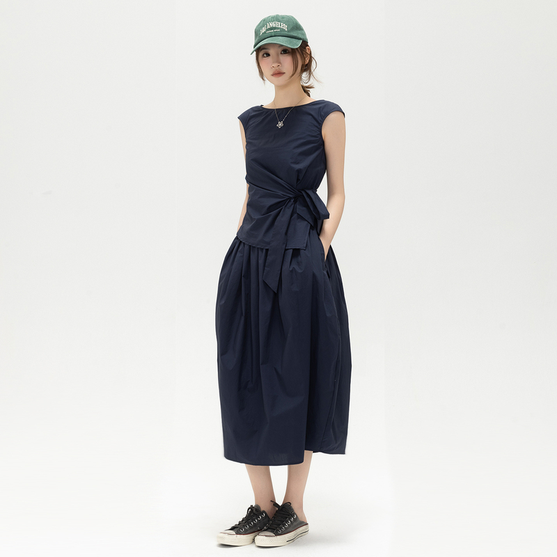 Duan Can Navy Blue Dress, Knee-Length Midi Dress, Waist-Cinching O-Line Skirt, Summer Waist-Slimming Pure Cotton Dress with a Sense of Elegance