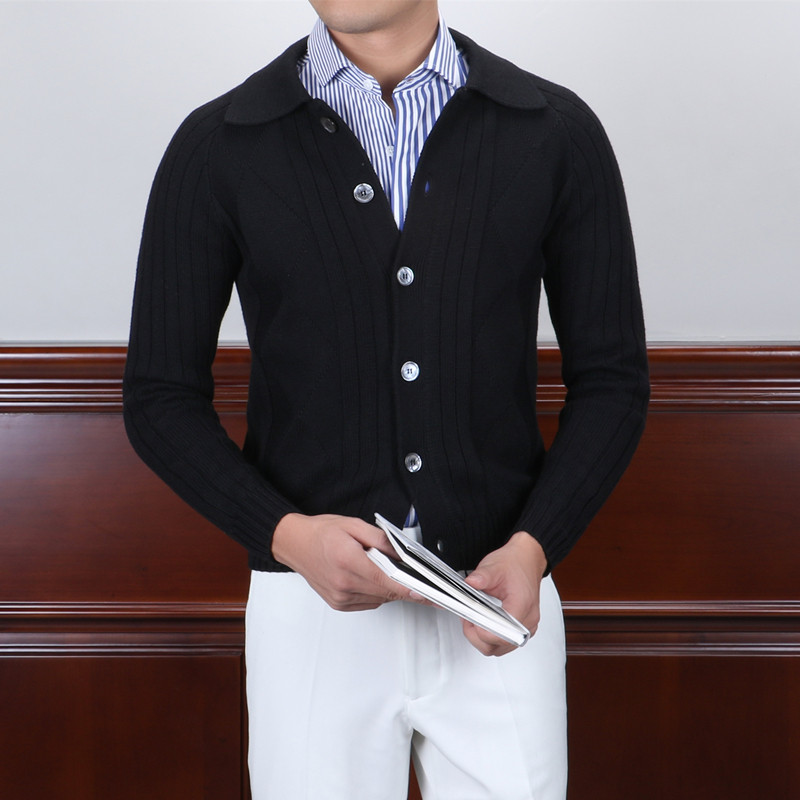 IsirHonour British retro style slim wool blend knitted diamond lapel cardigan sweater jacket trendy men