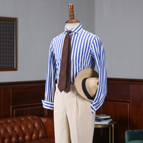 IsirHonour Four seasons British gentleman Blue and white striped Windsor collar slim long-sleeved shirt Korean youth shirt