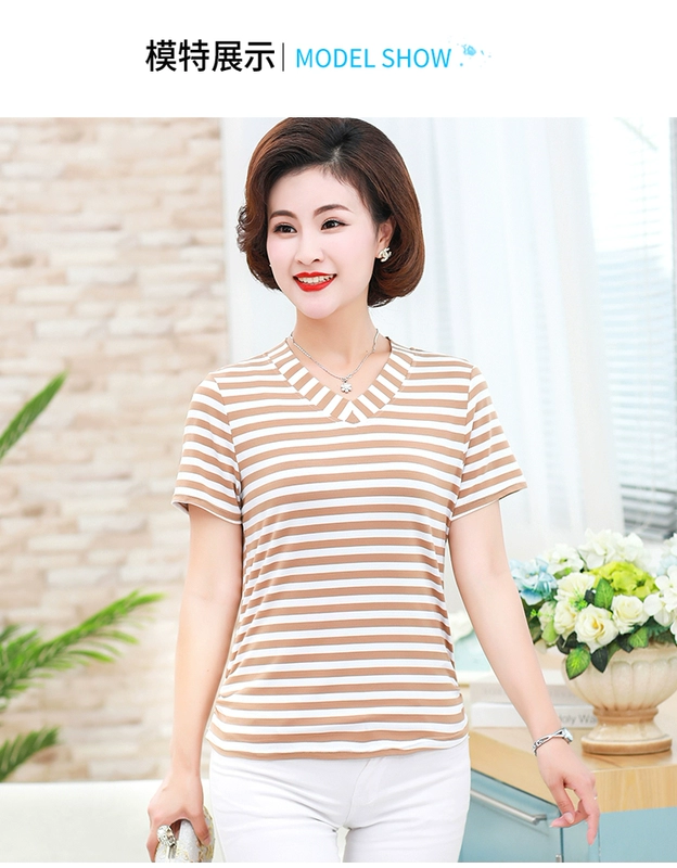 Phụ nữ trung niên và cao tuổi V-cổ sọc ngắn tay cotton co giãn Áo thun dáng bó sát Đầm dự tiệc cộng với size mới mùa hè phong cách mới - Quần áo của mẹ