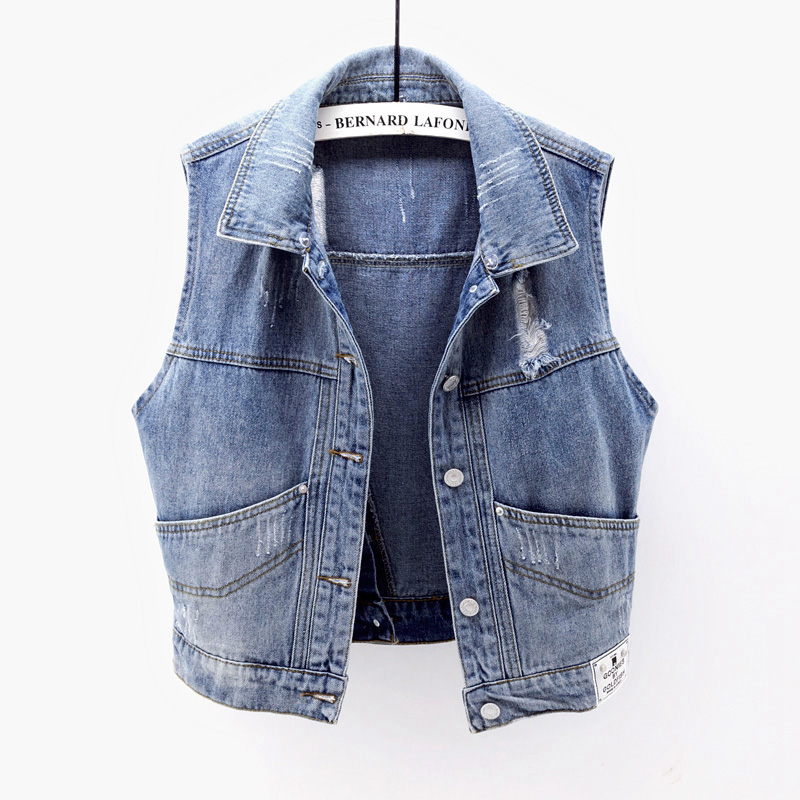 Denim áo giáp phụ nữ ngắn 2020 mùa xuân và mùa hè mới phiên bản Hàn Quốc của lỗ mở vest túi lớn có thể được loại bỏ đầu đội mũ trùm đầu