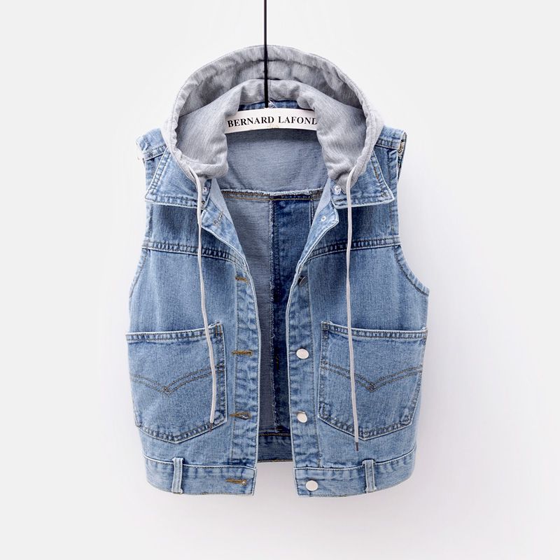 Denim Horse Chia Girls Short Spring Dress New 100 Hitch Cap Big Pocket Jacket Cardiovert Student Sleeveless Blouse