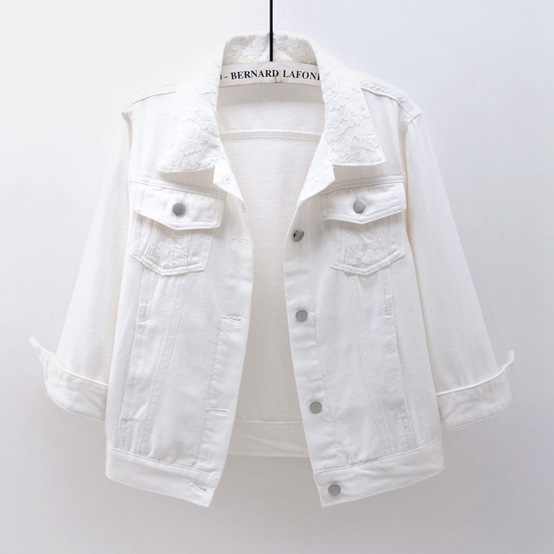 White coat denim short top women's 2021 spring and autumn all-match loose lace jacket slim three-quarter sleeve cardigan