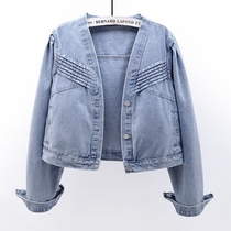 Denim coat women short 2021 Spring and Autumn new chest pleated long sleeve jacket V collar slim fit Joker top tide