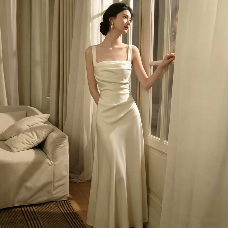 Satin Light Wedding Dress for Bride, White, for Marriage Registration, Engagement Banquet, High-End, Spaghetti Strap, Going-Out Dress, Petite Women Satin Light Wedding Dress for Bride, White, for Marriage Registration, Engagement Banquet, High-End, Spaghetti Strap, Going-Out Dress, Petite Women