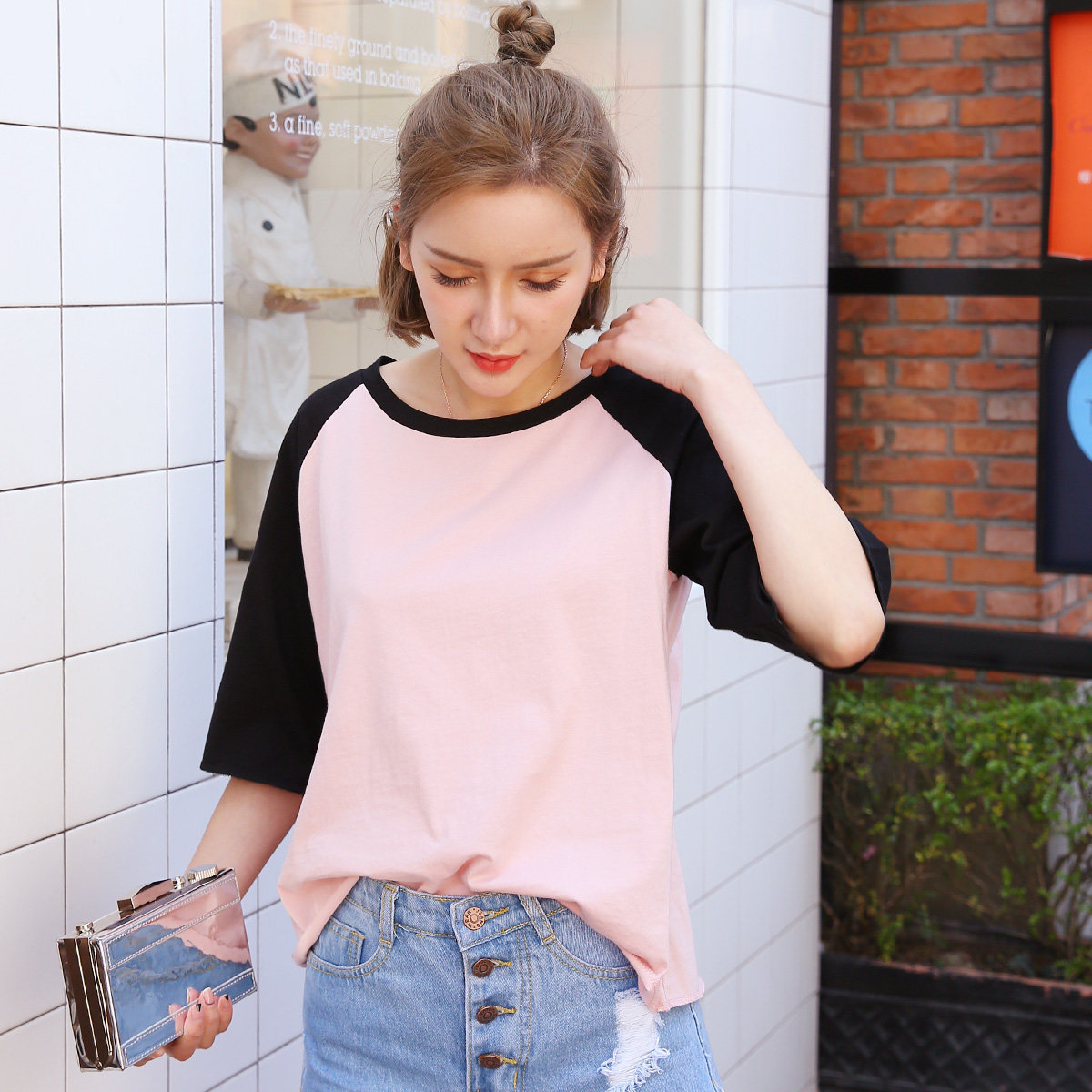 (Clearance Special) Original Cotton Raglan Sleeve Short Sleeve T-Shirt Loose Version Contrast Color College Style Ladies Round Neck