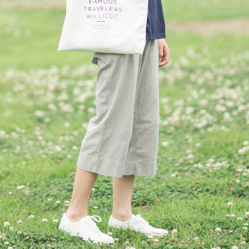 Foreign trade original all-export fabrics, cotton wide-leg pants, literary loose striped pants, casual, slimming 9-point pants