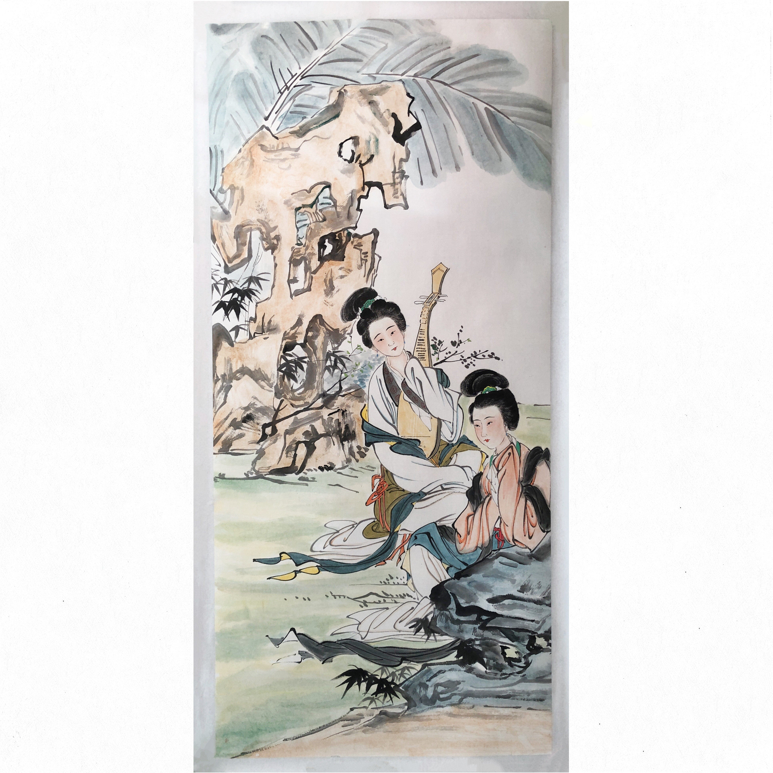 中国古美術・仕女図三尺画芯・純手描き・工筆・彩色画・仇英印款・書道・宣紙・带水印 by Zhao Guo Jing & Wang Mei Fang 赵国经王美芳工笔仕女画
