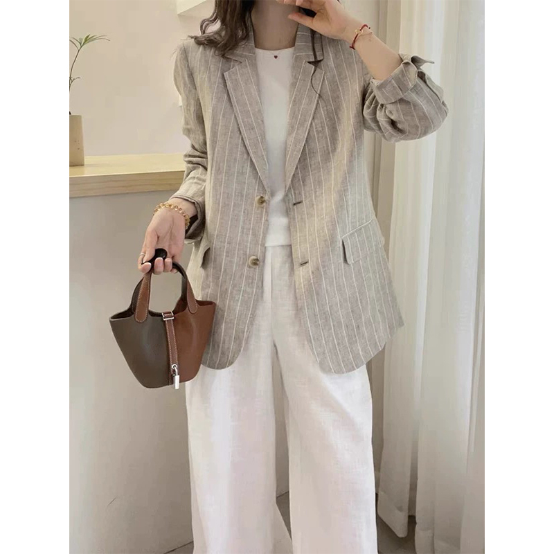 【100% Linen】Korean Style Simple Striped Casual Loose Linen Blazer for Women, Suitable for Commuting and Professional Wear
