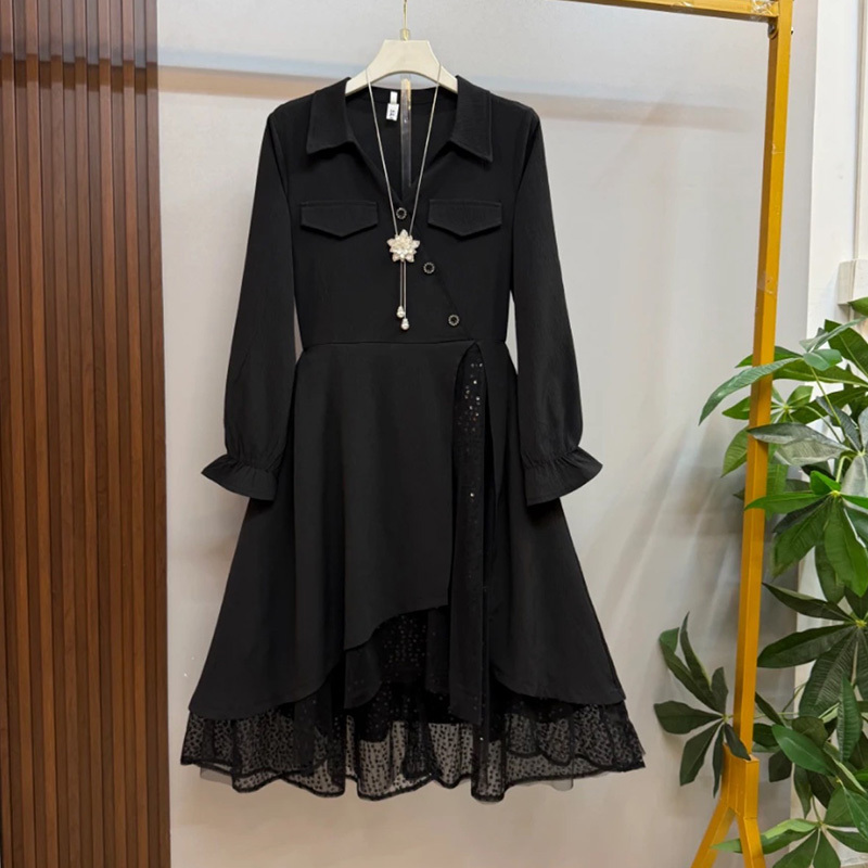 Plus-Size Lace Patchwork Design Slimming Shirt Dress Autumn Outfit Large Size Light Luxury High-End Elegant Lapel Dress for Women