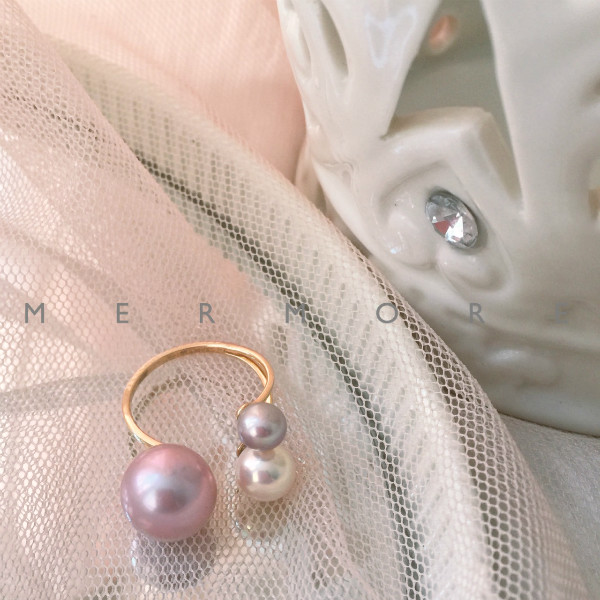 ◆ MOR M O R E AURIS Auris Freshwater Colorful Three Beads 14k Gold Ring