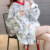 Fat MM size womens spring and autumn loose coat hooded sweater long maternity wear thin Korean version of foreign style cartoon