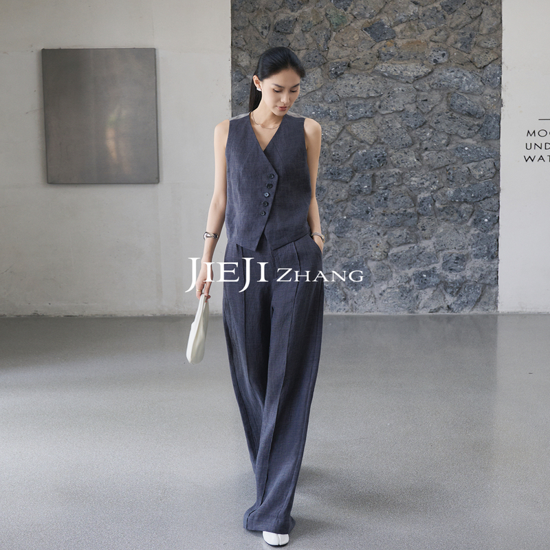 Zhang Qi Jieji Zhang 100% Linen Sleeveless Vest Suit for Women, Summer Old Money Style Casual Pants Two-Piece Set