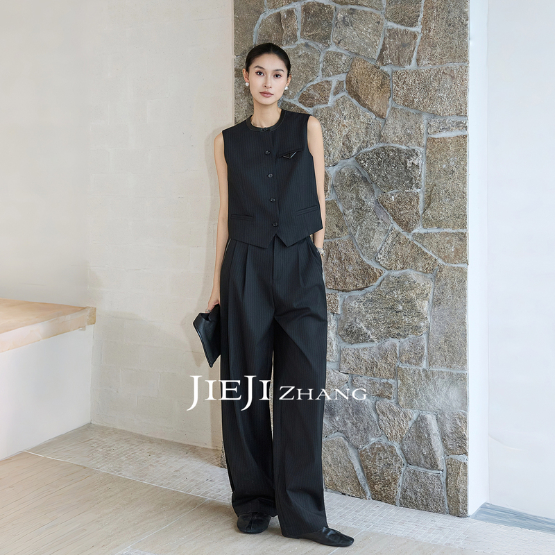 Zhang Qi Jieji Zhang [Simple] Striped Suit Set Women's Vest Wide-Leg Pants Early Autumn Commuting Two-Piece Set