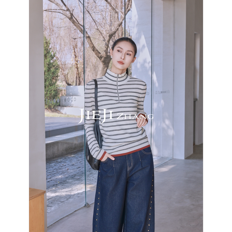 Zhang Qi Jieji Wool Blend Striped Knit Sweater 2026 New Versatile Casual Pullover Half-Zip Top for Women