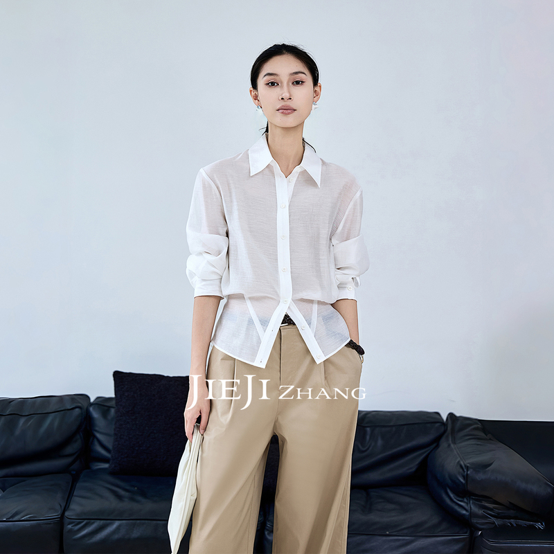 Zhang Qi Jieji Zhang [Cicada Wings] Waist-Cinching Tie White Long-Sleeve Shirt for Women, Early Autumn Slimming Commuter Shirt