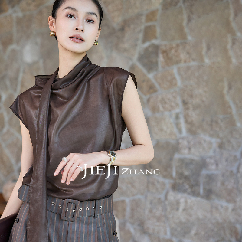 Zhang Qi Jieji Zhang【Lazy Poetry】Sleeveless Shirt for Women with a Unique Design, Niche Ribbon Stand-Up Collar Top