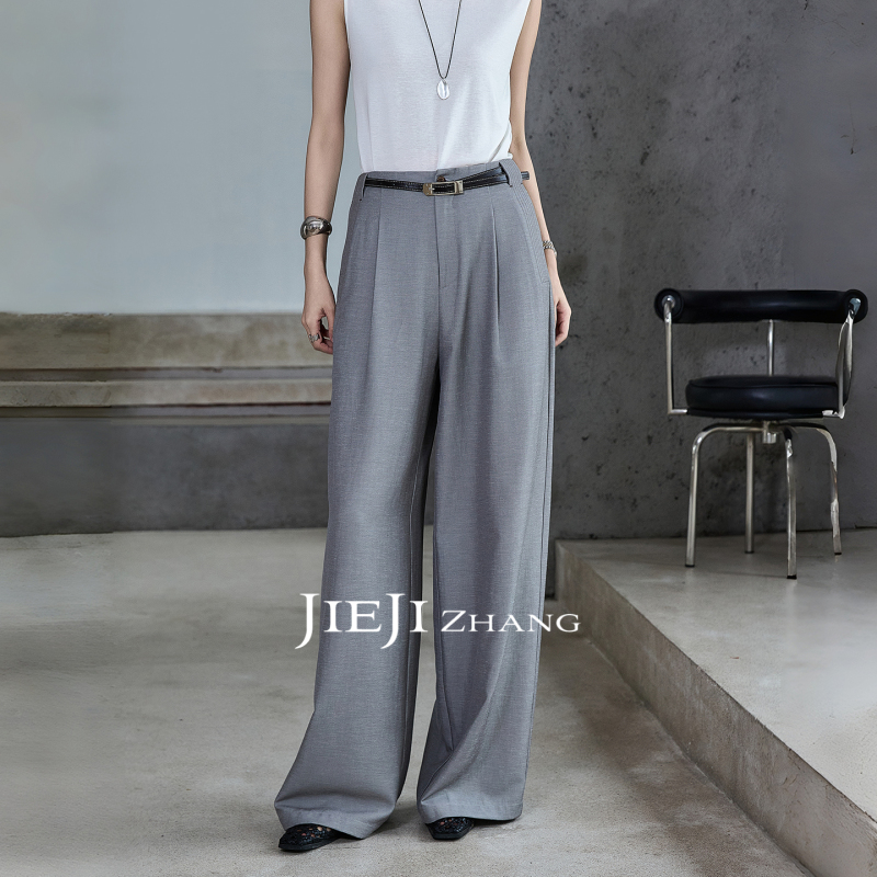 Zhang Qi Jiejizhang [Light Gray Cloud Linen] High-Waisted, Draping Gray Wide-Leg Pants for Women, Straight-Leg, Slimming, Floor-Length Trousers