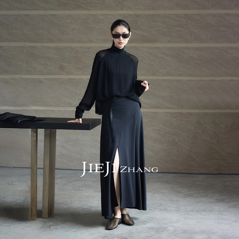 Zhang Qi Jiejizhang [Little Black Dress] High-Waisted Slit Skirt for Women, Summer Black Drapey Slimming Elegant Long Skirt