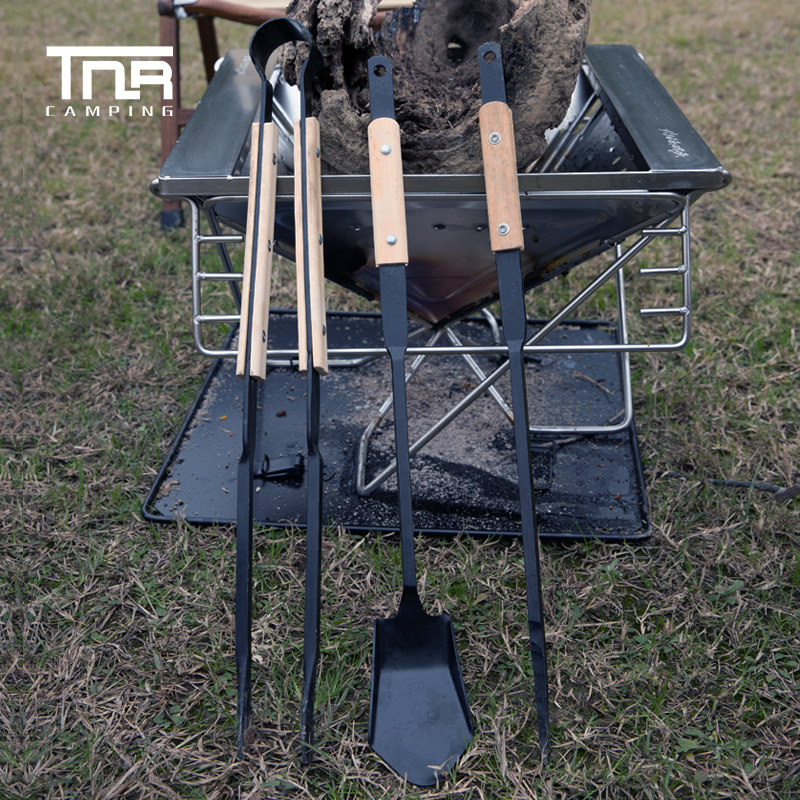 Outdoor Japanese bamboo handle anti-scalding carbon steel barbecue camping fire table tool bonfire clip set of three