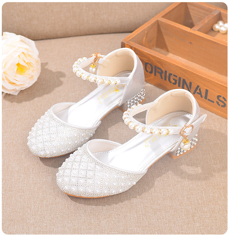 Western Style Children's Princess Shoes Crystal Shoes Girls High Heel Shoes Soft Bottom Elementary School Student Dress Dance Leather Shoes Silver with — 15