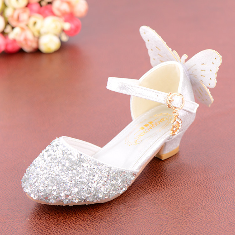 Western Style Children's Princess Shoes Crystal Shoes Girls High Heel Shoes Soft Bottom Elementary School Student Dress Dance Leather Shoes Silver with — 2