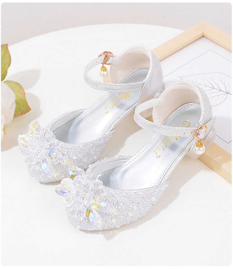 Western Style Children's Princess Shoes Crystal Shoes Girls High Heel Shoes Soft Bottom Elementary School Student Dress Dance Leather Shoes Silver with — 18