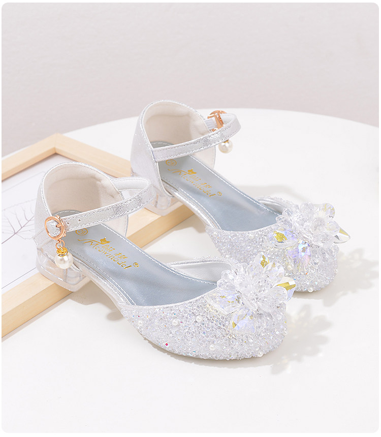 Western Style Children's Princess Shoes Crystal Shoes Girls High Heel Shoes Soft Bottom Elementary School Student Dress Dance Leather Shoes Silver with — 20