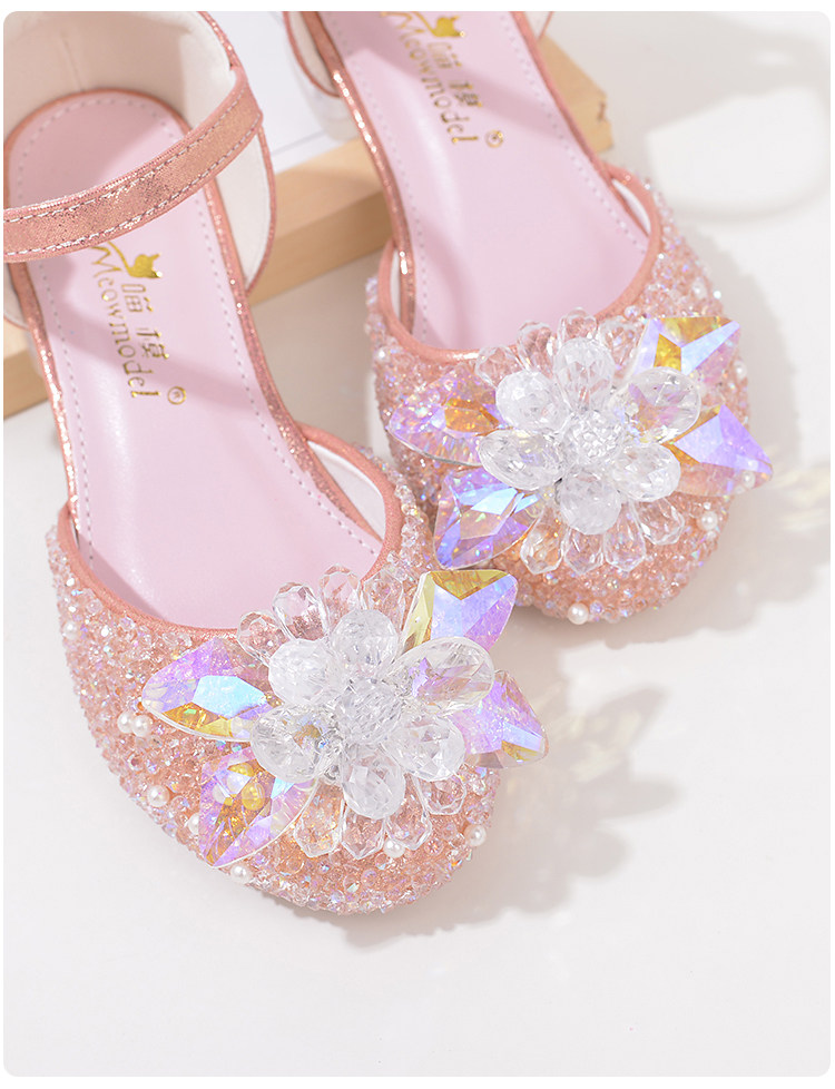 Western Style Children's Princess Shoes Crystal Shoes Girls High Heel Shoes Soft Bottom Elementary School Student Dress Dance Leather Shoes Silver with — 25