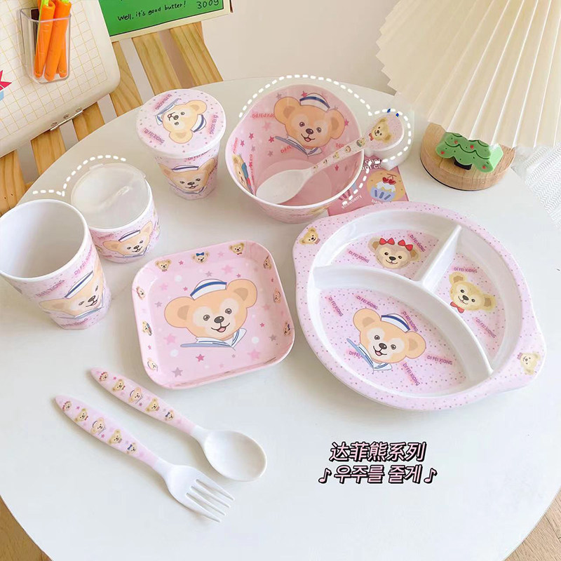 Cute baby Duffy bear children three grid melamine tableware resin imitation porcelain shape bowl learning Cup dinner plate set