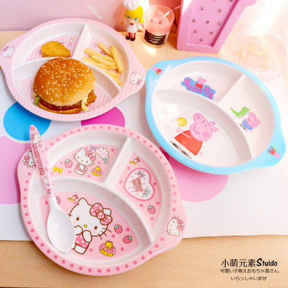 Cartoon three-compartment plate melamine dinner plate divided children's tableware breakfast plate separated Western food plate fruit steak tray