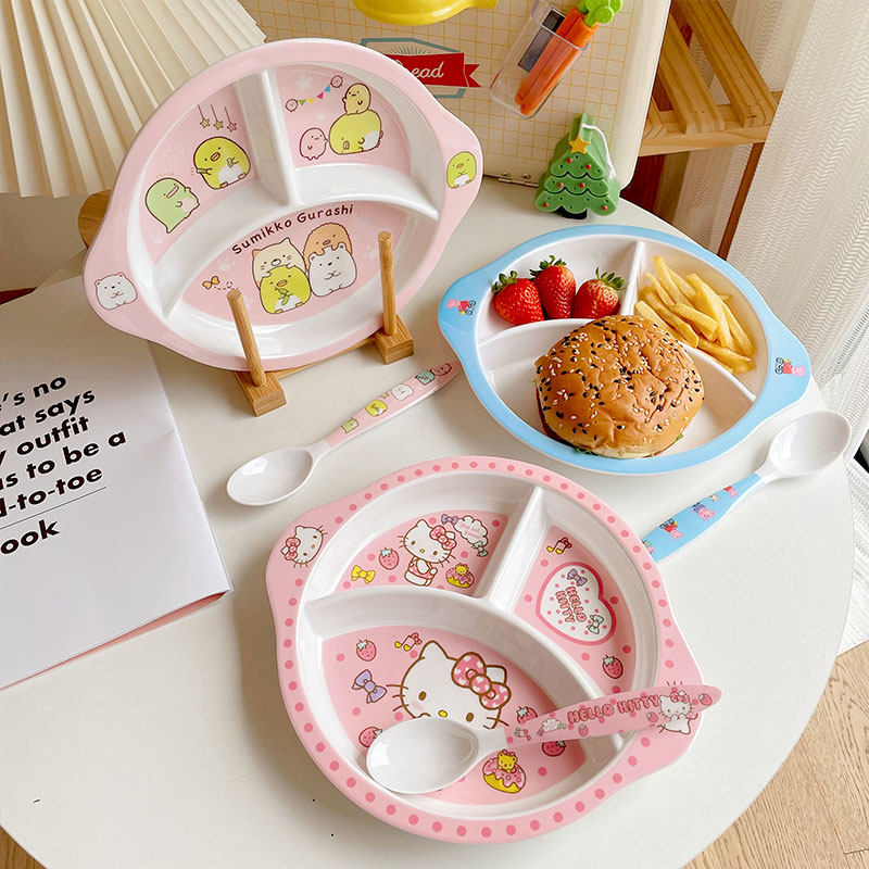 Cartoon three-grid plate melamine meal plate divided children's tableware breakfast plate separated western plate fruit steak tray