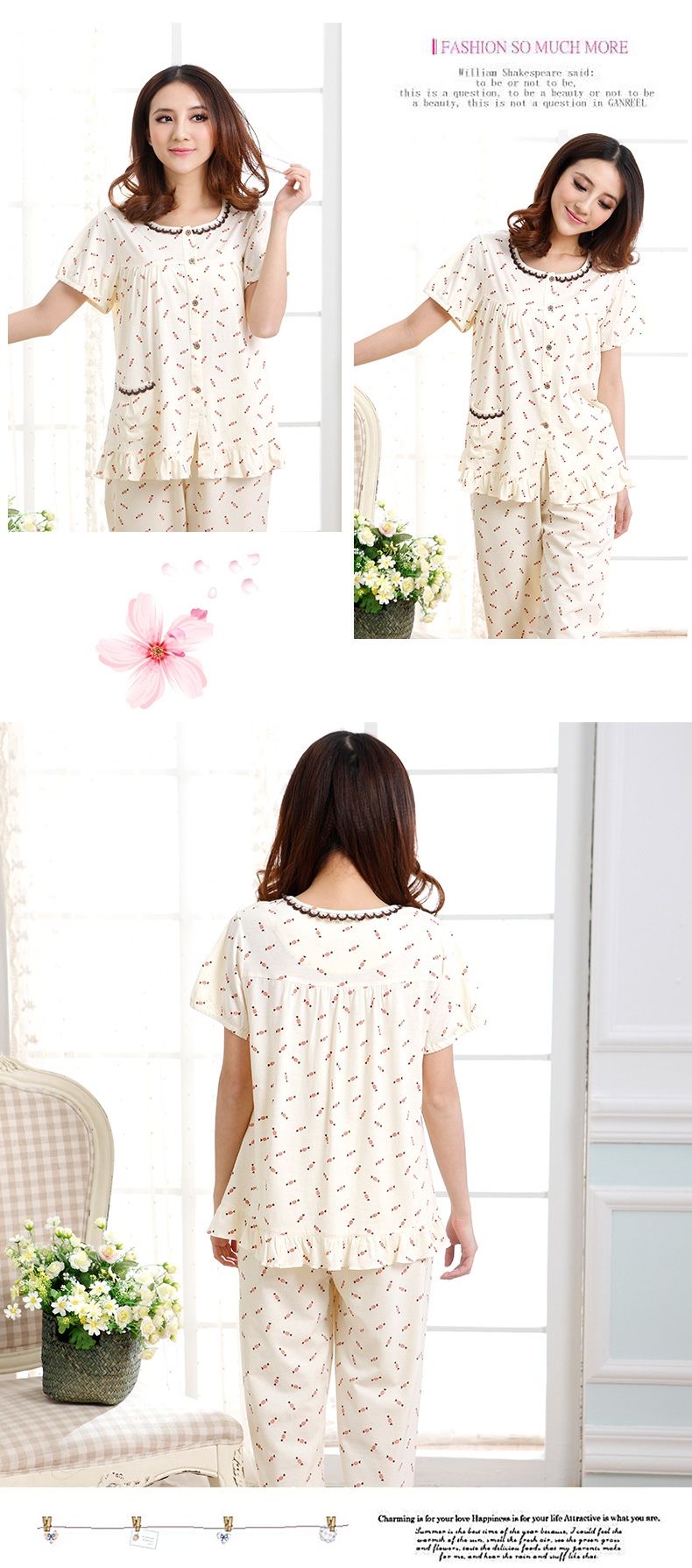 Shaqian chính hãng ngắn tay nightdress nữ cotton mùa xuân và mùa hè ngắn tay cắt quần cardigan cotton đồ ngủ nightdress dịch vụ nhà