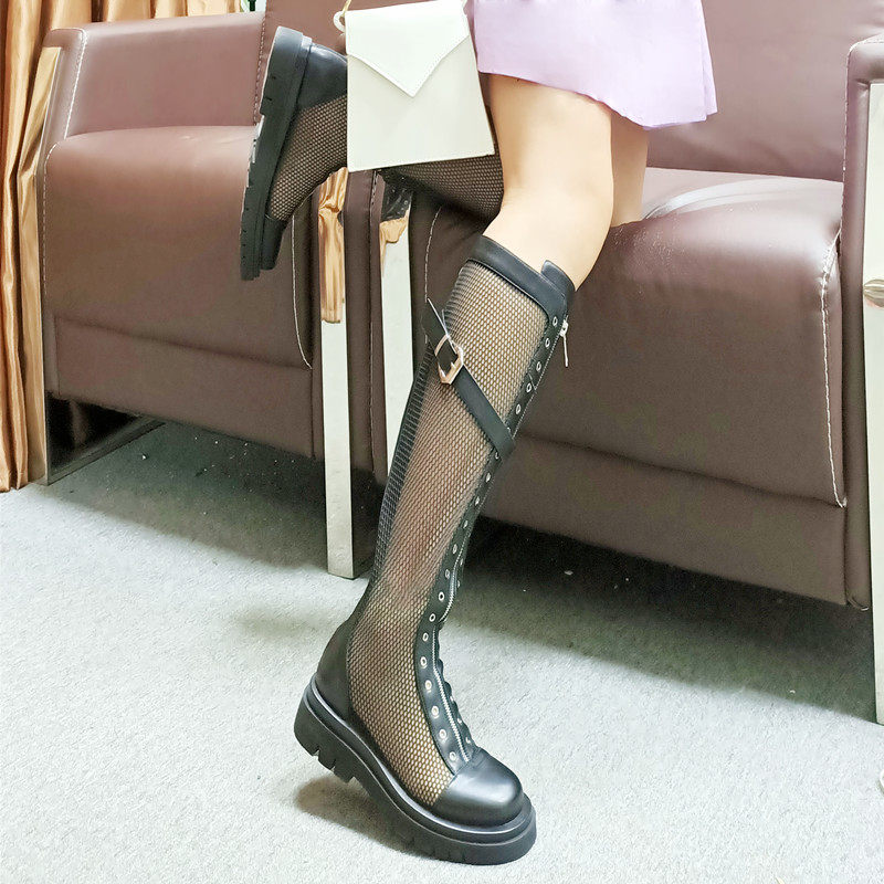 Two kinds of tube circumference ~ sweet cool boots summer Martin boots long women's summer thin section thick-soled mesh boots hollow boots trendy