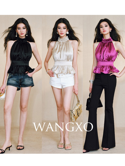 Wangxo｜Luxurious Acetate Satin with a Silky Feel That Penetrates the Skin｜Stand Collar, Cut-Out Shoulders, Romantic Aesthetic, Ruched Waist, Flared Hem Top