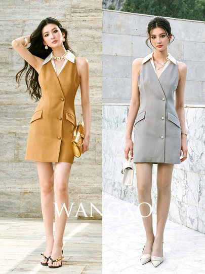 WANGXO｜高质感天丝乱麻拼撞色缎面｜可拆翻领露肩收腰短款连衣裙