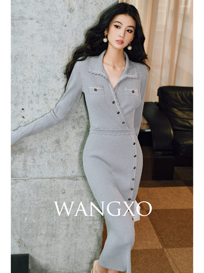 Wangxo｜Custom-Spun 16-Gauge Matte Double-Knit Ice Linen｜Curved Color-Blocked Stripes｜Slim-Fit Knit Dress