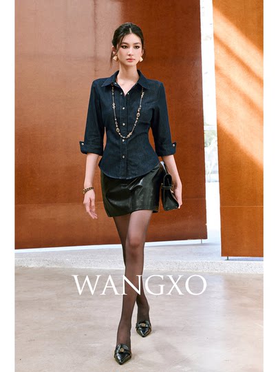Wangxo｜Diamond-Studded Shiny Silk Breathable Tencel Cotton｜Lapel Three-Quarter Cuffed Sleeves Waist-Cinching Short Denim Shirt