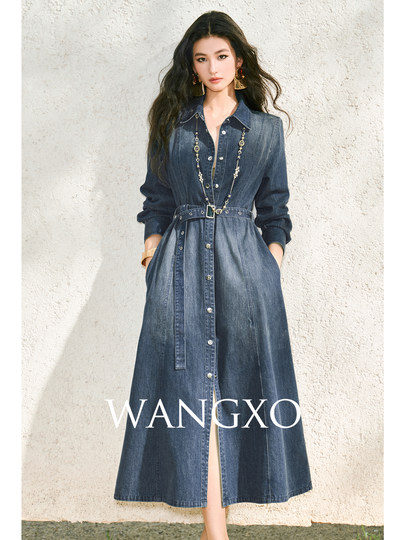 Wangxo｜High-Quality Xinjiang Long-Staple Cotton｜Distressed and Washed｜Belted Denim Flared Shirt Dress
