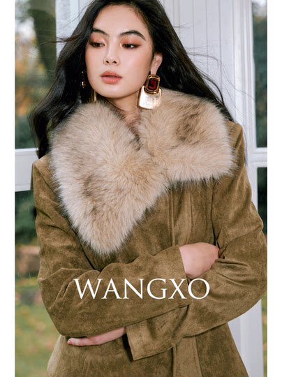 Wangxo｜Vintage Matte Suede Texture｜Dyed Eco-Friendly Fur Collar White Duck down Waist-Cinching down Jacket