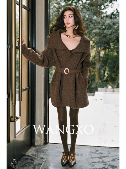Wangxo｜Luxurious Shiny Silk Modal Thick Knit｜Large Lapel with Diamond Buttons, Tie Waist, Wide-Fit Sweater Cardigan