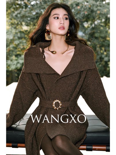 Wangxo｜Luxurious Shiny Silk Modal Thick Knit｜Large Lapel with Diamond Buttons, Tie Waist, Wide-Fit Sweater Cardigan