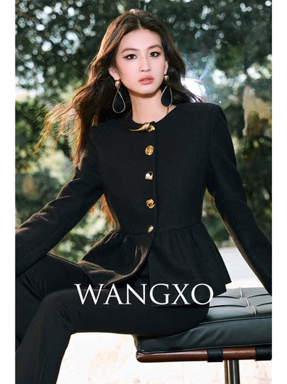 Wangxo｜Premium Custom-Woven Woolen Fabric｜Floral Waist-Cinching Irregular Buttoned Round-Neck Short Coat